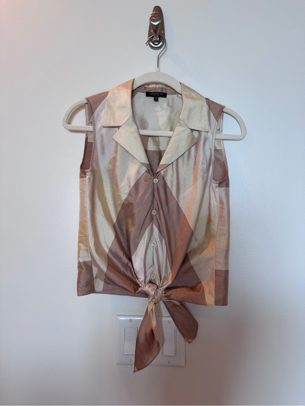 Lafayette 148 New York Cream and Tan Satin Tie-Front Sleeveless Top